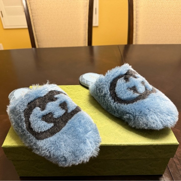 New Gucci GG Faux Fur Slip On Slides Blue Black Size 38 / US 8 - Picture 4 of 15